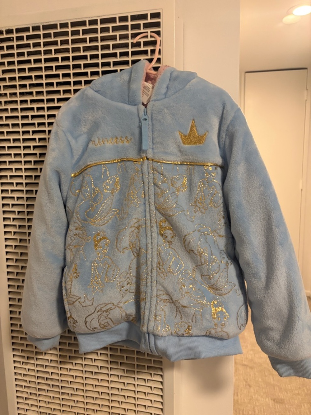 Disney Light Blue Princess Hooded Puffer Jacket with Gold Accents